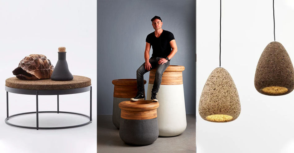 Laurie Van Wiid of Wiid Design with some of his cork furniture and home décor products.  Wiid Design items are available at Sarza home goods and furniture store in Rye New York. 