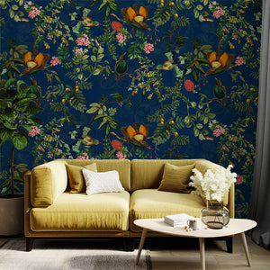 Vintage Tropical Birds Jungle Navy wallpaper