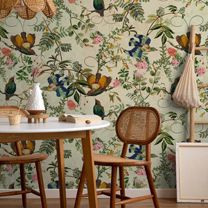 Vintage Tropical Birds Jungle Sage wallpaper